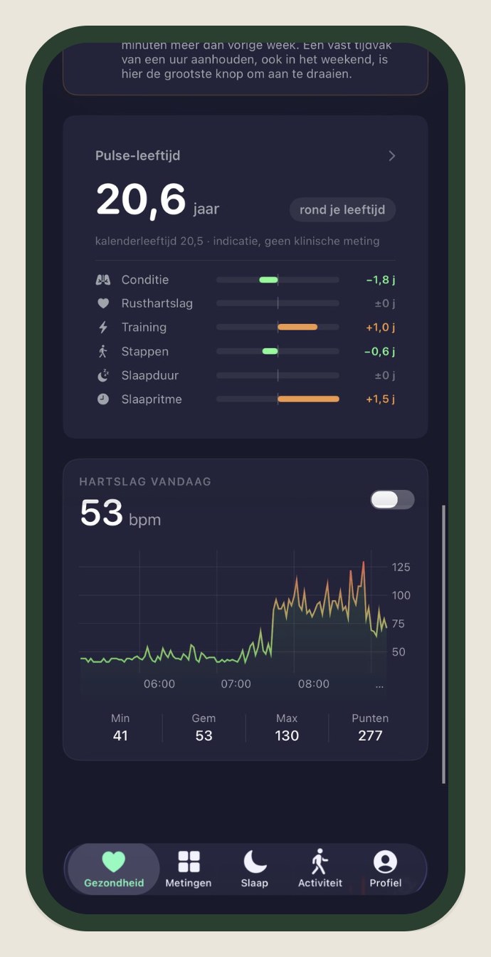 Het Gezondheid-scherm van de Pulse-app met Pulse-leeftijd en hartslag van vandaag