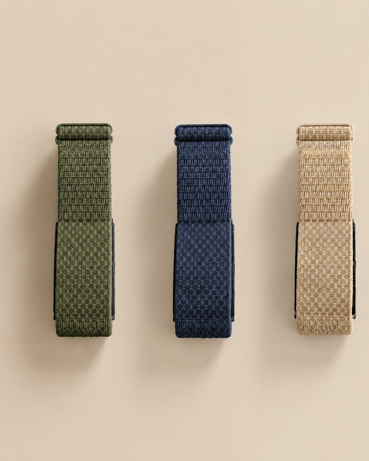 Drie Pulsebandjes in groen, blauw en beige